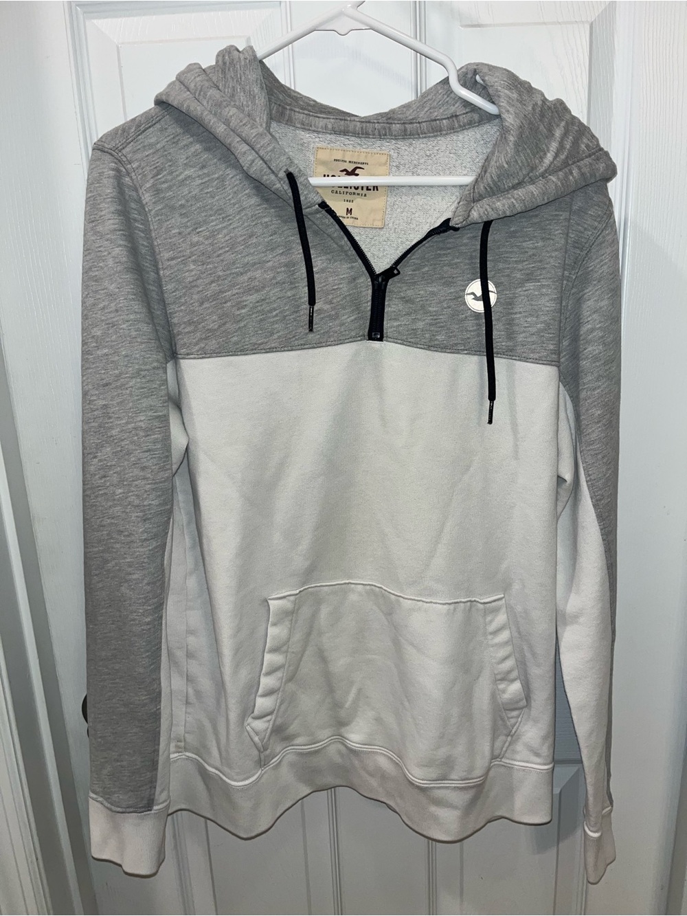 Hollister Gray and White Colorblock Half-Zip Hoodie Sweater